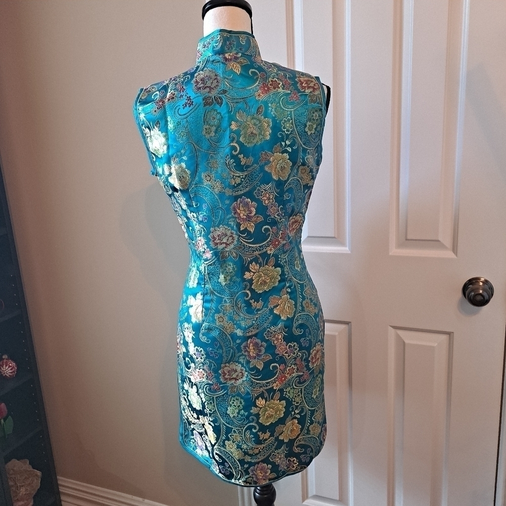 Huangchao Mandarin Collar Dress Size XL turquoise floral sleeveless - Picture 3 of 13